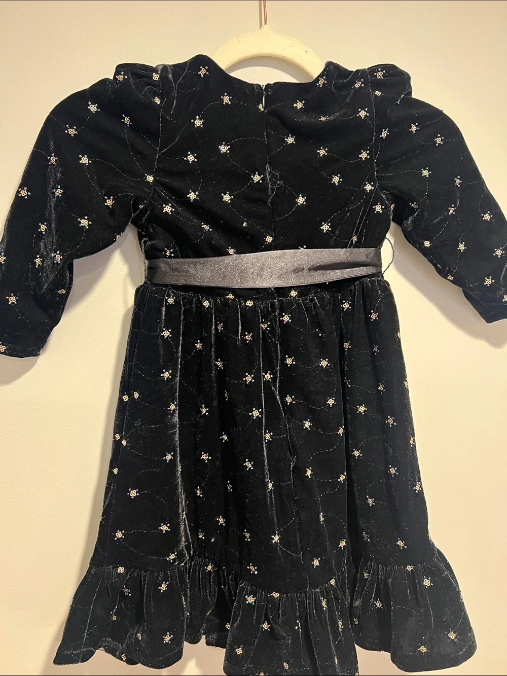 Nicole Miller Black Velvet Dress with Gold Star Accents and Satin Sash